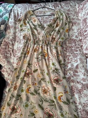 Love Sam Beige Floral V-Neck Smocked Waist Maxi Dress